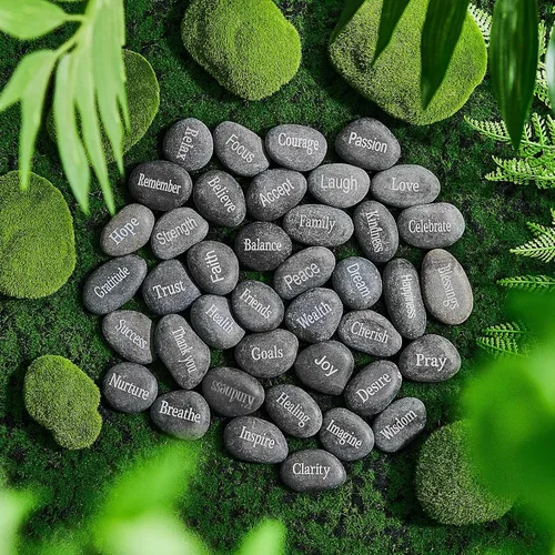 Vista 4 de Fabbay 40 piezas de rocas inspiradoras grabadas, piedras de aliento con palabras, juego de piedra natural de río a granel para decoración de jardín