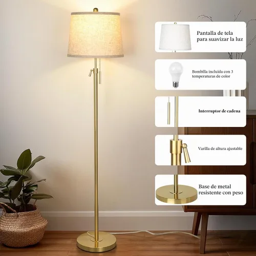 Vista 4 de Lámpara de pie dorada para sala de estar 55-65" lámpara de pie ajustable moderna de latón con cadena de tracción, lámpara de poste alta con pantalla