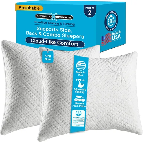 Vista 14 de Xtreme Comforts Almohadas de cama para dormir (paquete de 2) Almohadas ajustables de espuma viscoelástica triturada con funda de enfriamiento