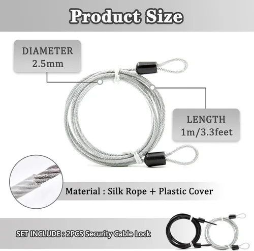 Vista 2 de Cuerda de cable con doble bucle, bloqueo de cable de seguridad, cable de seguridad recubierto de vinilo de acero, bloqueo de equipaje de 3.3 pies x