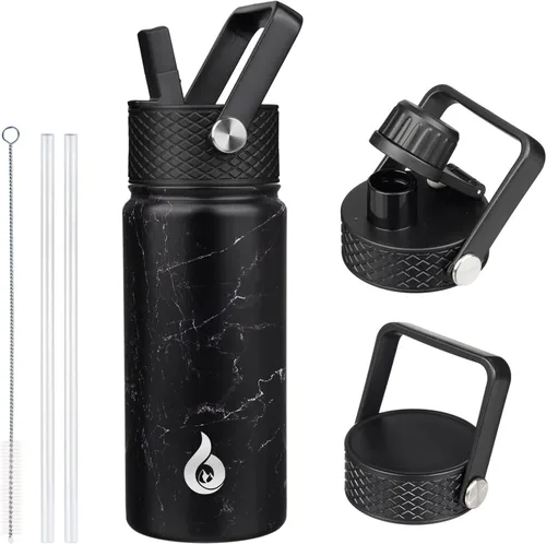 Vista 110 de BJPKPK Botellas de Agua Aisladas con Tapa de Pajita, Botella de Agua de Acero Inoxidable de 18oz, Termo Frío Caliente con 3 Tapas, Vaso de Viaje a