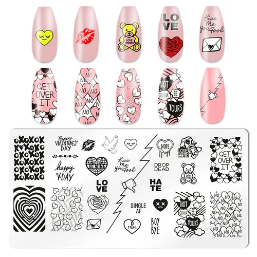 Vista 3 de KAAGEE 5 sellos de uñas para el día de San Valentín con raspador de sellos, estampado de placa de corazón de amor, plantillas románticas, plantilla
