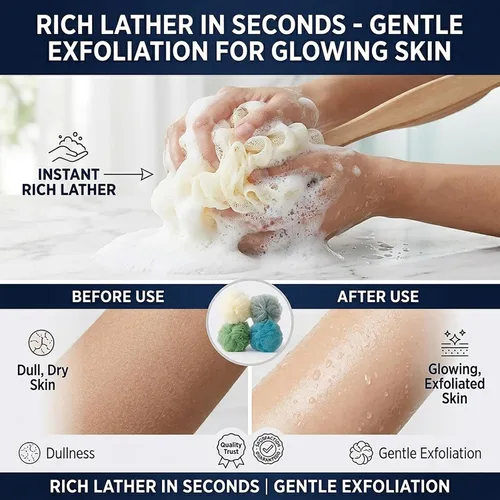 Vista 5 de Paquete de 4 esponjas grandes de esponja de esponja de baño con mango largo para ducha, cepillo de espalda para el cuerpo de baño, cepillo de spa