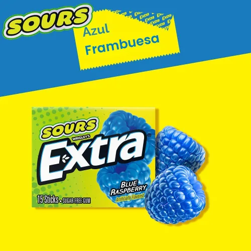 Vista 4 de EXTRA SOURS Chicle Sin Azúcar de Frambuesa Azul Dulce Agrio Chicle de Fruta, Paquete de 15 Barras, 10