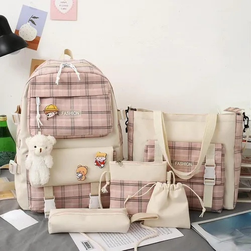 Vista 2 de Aobiono Juego de 5 mochilas a cuadros kawaii, estética, a cuadros, con alfileres, oso, colgante, luz escolar, kit de suministros escolares