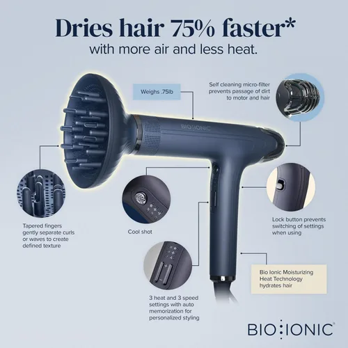 Vista 2 de Bio Ionic SMART-X Secador de Cabello con Difusor, Secador de Soplo de Alta Eficiencia con 3 Ajustes de Calor y 3 Ajustes de Velocidad, Seca