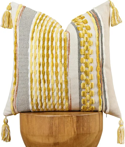 Vista 8 de AmHoo - Fundas de almohada de 18 x 18 pulgadas con borlas, fundas de almohada decorativas tejidas con textura de chenilla estilo boho para sofá