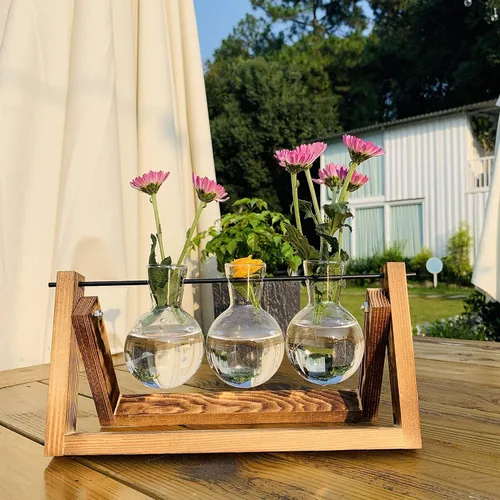 Vista 3 de Kingbuy Maceta de cristal con soporte de madera retro, 3 jarrones de bombilla con agujero lateral y 3 jarrones de bombilla sin agujero lateral