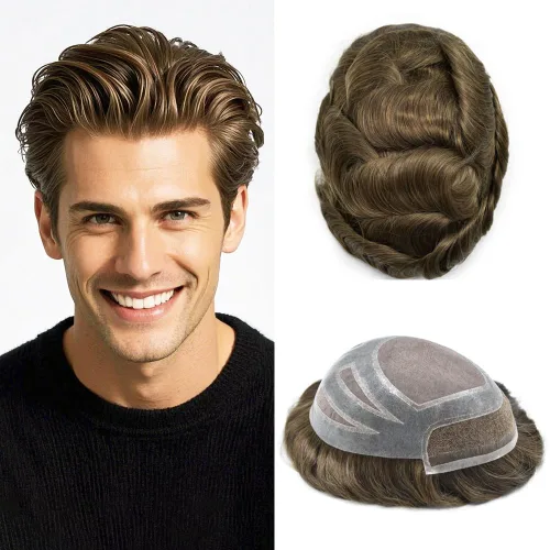 Vista 36 de Toupee - Piezas de pelo para hombres, cabello humano real, sistema de reemplazo de cabello francés, encaje francés, extensiones de cabello