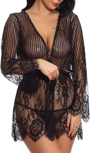 Vista 5 de RHWHOGLL Lencería sexy para mujer para sexo travieso encaje de malla pijama babydoll vestido de satén camisón camisón de satén 100