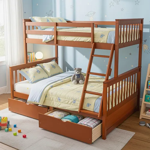 Vista 7 de Merax Litera de madera con dos cajones, litera de madera convertible con escaleras y dos cajones de almacenamiento, marco de cama desmontable