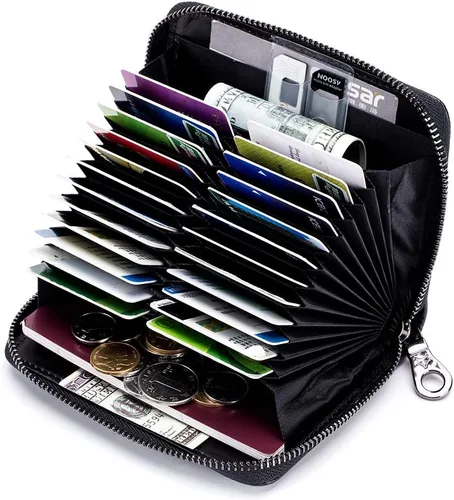 Vista 2 de Funda de cuero genuino para tarjetas de crédito, cartera de tarjetas RFID, cartera de viaje para pasaporte, Cartera delgada