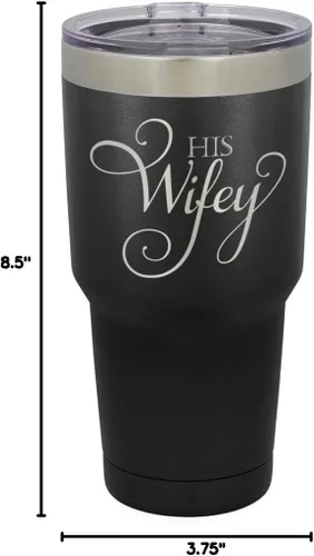 Vista 10 de Taza de viaje de acero con recubrimiento de polvo grabado con láser, con grabado «HIS WIFEY» de 325 ml, sin BPA, para mantener tu bebida fría