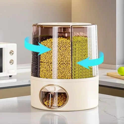 Vista 3 de Dispensador de alimentos giratorio de 6 rejillas prémium con tapa sellada, contenedor de almacenamiento de granos de rotación de 360° para arroz