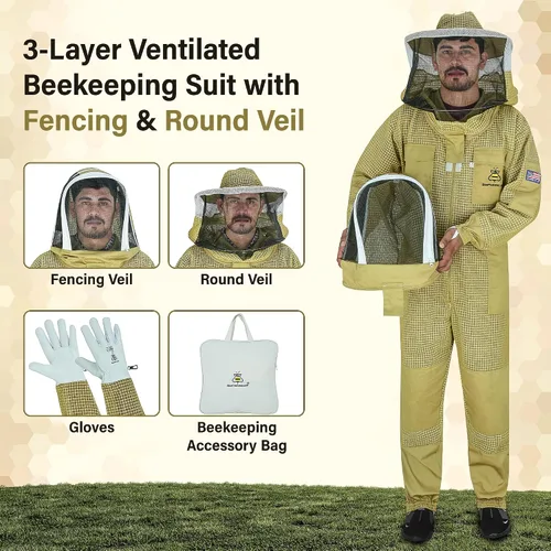 Vista 2 de 3-Layer Ultra Ventilated Mesh Beekeeping Suit for Men & Women with Veil Sting-Proof Bee Suit with Leather Gloves & Bag