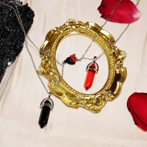 Vista 3 de POZANKI 2 collares con dije de cristal curativo de cuarzo negro y rojo, collar de corazón a juego para parejas, mejor amigo, novio, novia, regalo
