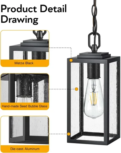 Vista 5 de VIANIS Luces colgantes al aire libre, lámparas colgantes exteriores para porche delantero, moderna iluminación exterior negra para patio con vidrio