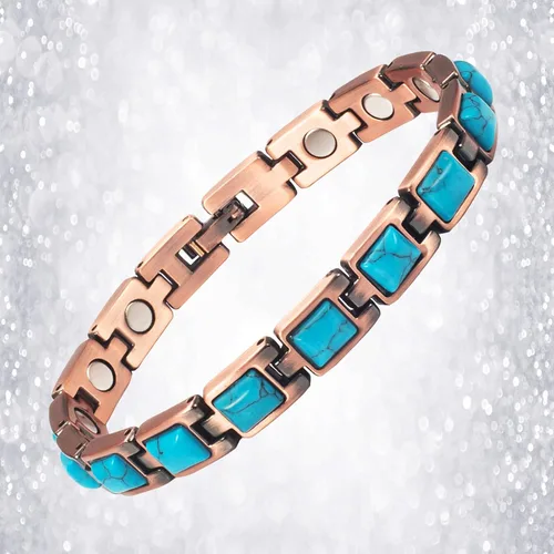 Vista 2 de Pulsera de cobre para mujer, ajustable con Easy Link azul turquesa puro cobre magnético, 3500 Gauss efectivo, Acero inoxidable Cobre Latón