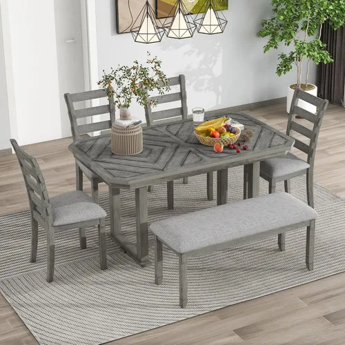 Vista 14 de Juego de mesa de comedor de 6 piezas, mesa rectangular con 4 sillas y banco negro beige (Black+beige)