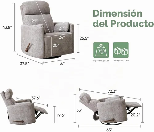 Vista 2 de Silla reclinable giratoria de gran tamaño con calor y masaje, mecedora con reposacabezas ajustable, silla reclinable manual mecedora con 2 Chenille