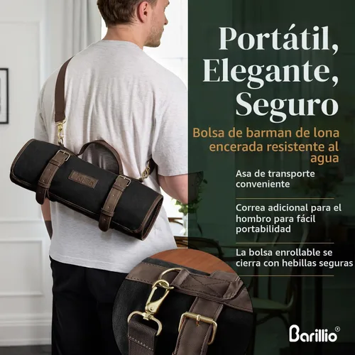 Vista 5 de Barillio Bolsa de Kit de Barman con Juego de Coctelera Negra – Lona Encerada, Bolsa de Herramientas de Bar de Viaje con Kit de Cóctel de 17 Piezas