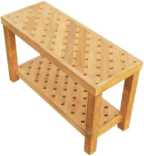 Vista 3 de Banco Bunbury de teca extra grande de 30 x 12 pulgadas para ducha/baño/piscina con estante