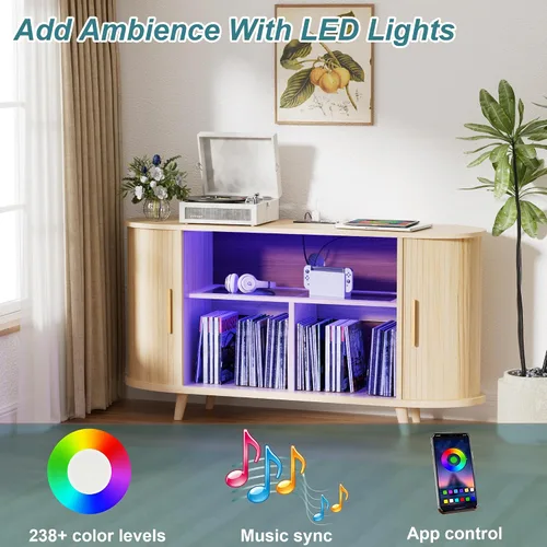 Vista 4 de Soporte para tocadiscos con almacenamiento de vinilo, soporte para tocadiscos con almacenamiento de discos, mesa de soporte para discos de vinilo