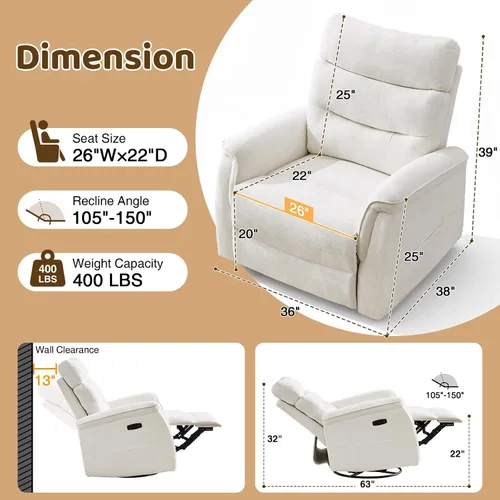 Vista 2 de Silla reclinable giratoria de gran tamaño de 26 pulgadas Blanco crema