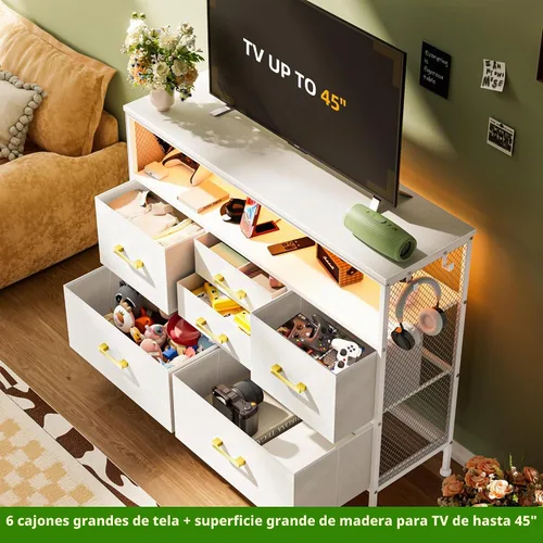 Vista 5 de Cómoda blanca YILQQPER para dormitorio, soporte de TV con 6 cajones, cómoda de dormitorio con enchufes de corriente y luz LED, cómodas de tela