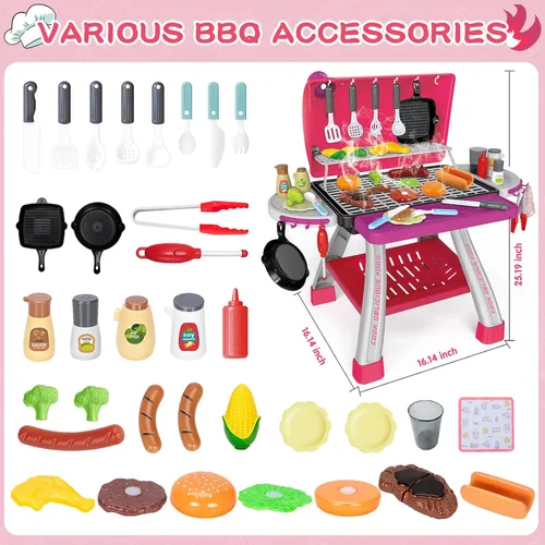 Vista 2 de Juguetes de Cocina para Niños, Parrilla de Barbacoa para Niños Juego de Cocina con Humo, Sonido y Luz, Juguetes de Comida Rosa Juego de Cocina
