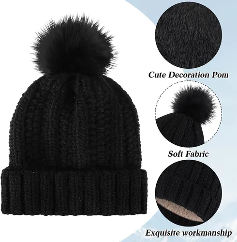 Vista 3 de Sureio Conjunto de 27 piezas de gorro de punto con pompón, bufanda cálida, guantes para pantalla táctil, gorro de punto para mujer