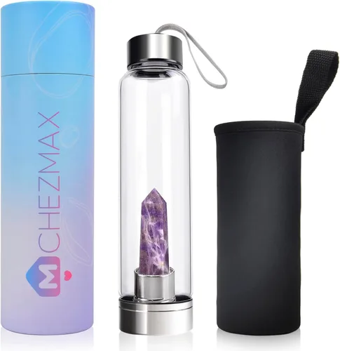 Vista 20 de ChezMax Botella de agua en cristal con centro de cristal natural intercambiable 18.6Oz, Natural Quartz Gemstone, Juice Container with Lid Sleeve