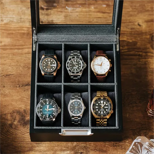 Vista 3 de CASE ELEGANCE Caja de reloj moderna 2x3 acabado negro con mango de aluminio personalizado 6 ranuras con vidrio real