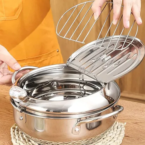 Vista 8 de BestAlice Olla para freidora, olla de acero inoxidable de 8 pulgadas (2.2 litros), olla de freidora mejorada con termómetro, olla japonesa pequeña