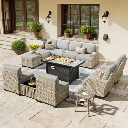 Vista 32 de HOOOWOOO Juego de Muebles Seccionales para Patio al Aire Libre, 6 Piezas Juegos de Conversación de Mimbre Sofá en Forma de L, Sofá Extra Profundo