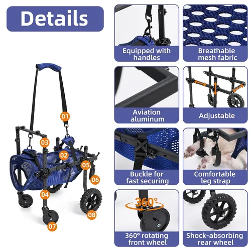 Vista 3 de ETIAL Carrito de silla de ruedas ajustable de 4 ruedas para perros discapacitados y mayores, arnés de elevación con 4 modos de uso, soporte