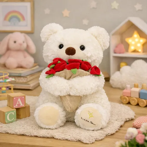 Vista 7 de Ramo de peluche de oso de peluche, ramo de peluche de rosas, sombrero de flores romántico, peluche de oso, perfecto como cumpleaños y vacaciones