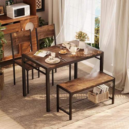 Vista 2 de Shahoo Mesa de cocina y 2 sillas para 4 personas con banco, juegos de comedor de 4 piezas para espacios pequeños, color marrón