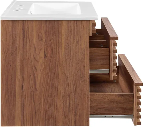 Vista 3 de Modway Render - Tocador de baño de pared de 24 pulgadas, color blanco nogal