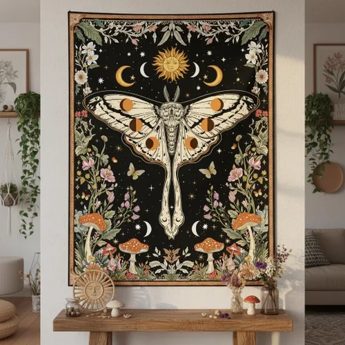 Vista 2 de Aipon Tapiz bohemio de polilla vintage con flores florales, tapices estéticos retro de hongos para dormitorio, sol y luna, tapiz pequeño para colgar