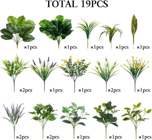 Vista 3 de 19 paquetes de plantas falsas para exteriores, arbustos falsos resistentes a los rayos UV, flores artificiales de lavanda, tallos verdes, arbustos