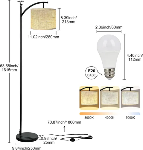 Vista 2 de Lámpara de pie, lámpara de pie para sala de estar con bombilla LED de 3 temperaturas de color, lámpara de pie, pantalla de lino de alta calidad