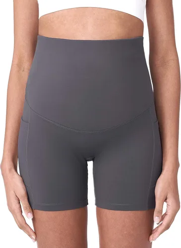 Vista 5 de POSHDIVAH - Pantalones cortos de yoga para embarazadas, cubren la barriga, pantalones deportivos cortos para correr, hacer ejercicio y el verano