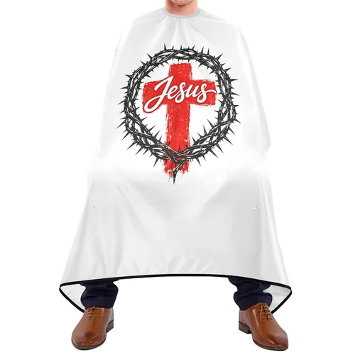 Vista 7 de ALAZA Capa de peluquería profesional de 55 x 65 pulgadas, diseño de cruz cristiana de Jesús impermeable, con cierre a presión, para hombres y mujeres