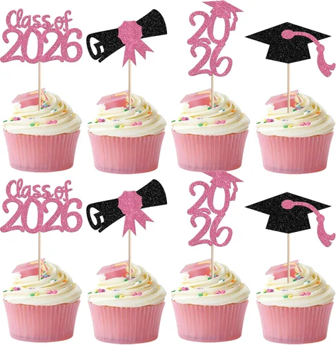 Vista 16 de 30 piezas de decoración para cupcakes de graduación para la clase de 2026 con purpurina brillante para el futuro diploma hecho 2026 Felicidades