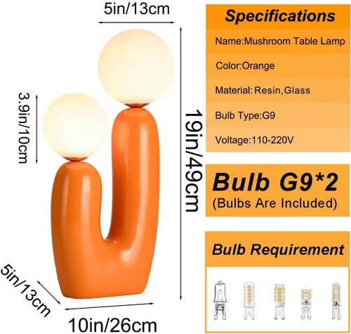 Vista 2 de Lámpara de mesa moderna naranja en forma de cactus con 2 luces, lámpara de seta, esfera de leche blanca de vidrio, lámparas de mesa bonitas