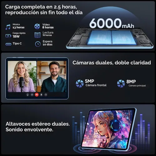 Vista 7 de EHFiDC 2026 Android 16 Tablet with Keyboard, 10.1 inch Tablets PC with Gemini AI, 30GB+64GB+2TB Expand, T7280 Octa-Core, 6000mAh Battery, 5MP+8MP