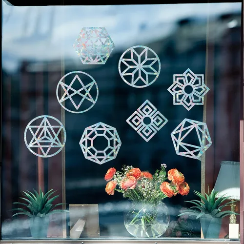 Vista 6 de GORGECRAFT 16 calcomanías de alerta de cristal de arco iris de geometría sagrada para ventanas, diseño de flores de la vida, anticolisión