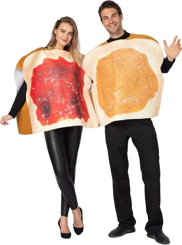 Vista 3 de Disfraz de mantequilla de maní y gelatina PBJ para parejas adultas con una felpa de mantequilla de maní y una felpa de gelatina para Halloween