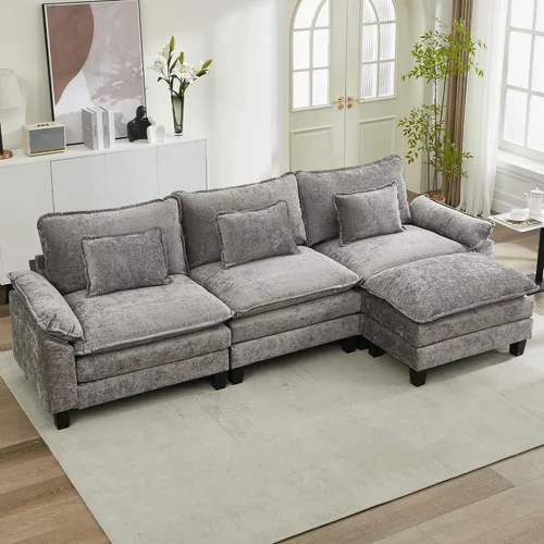 Vista 29 de URRED - Sofá seccional modular tipo nube, cómodo sofá cama de chenilla moderna con asientos profundos y otomán/almohadas para sala de estar